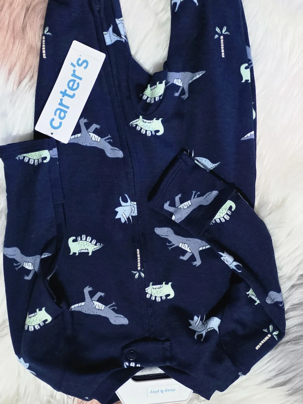 NCarter's Navy Dinosaur Footed One-Piece with Light Blue & Mint Prints NB OR 3 M